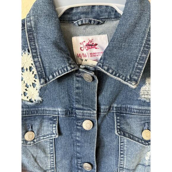 Justice Medium Wash Collared Button Up Distressed Denim Jacket Size 14/16 - Picture 3 of 4